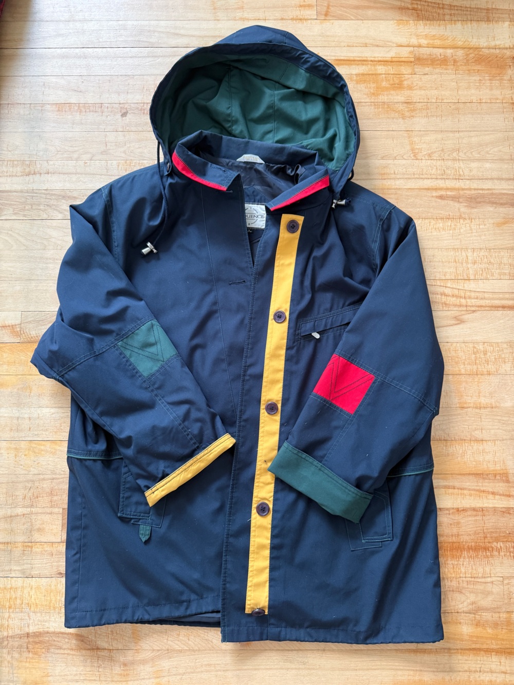 Vintage Sequence Navy Hooded Jacket with Red, Green & Yellow Accents
